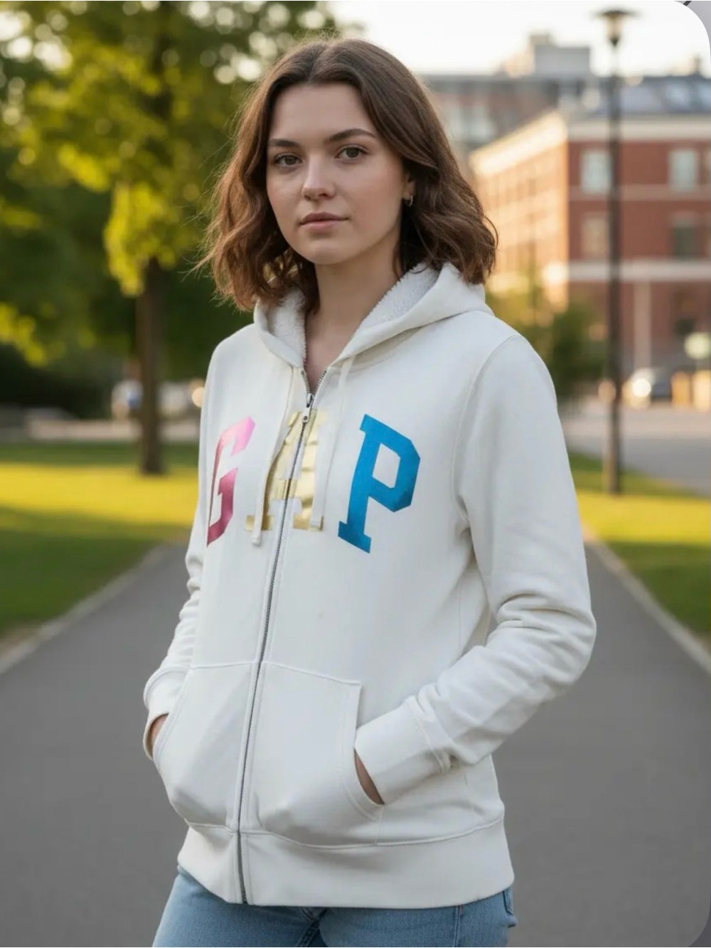 GAP White Sherpa-Lined Zip Hoodie with Pink, Gold & Blue Logo